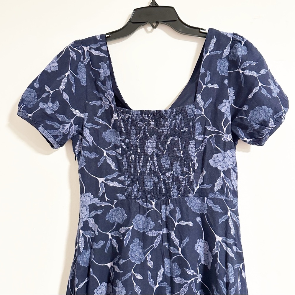 GAP Linen Navy Floral Feminine Flirty Blue Midi Summer Dress - Picture 7 of 10